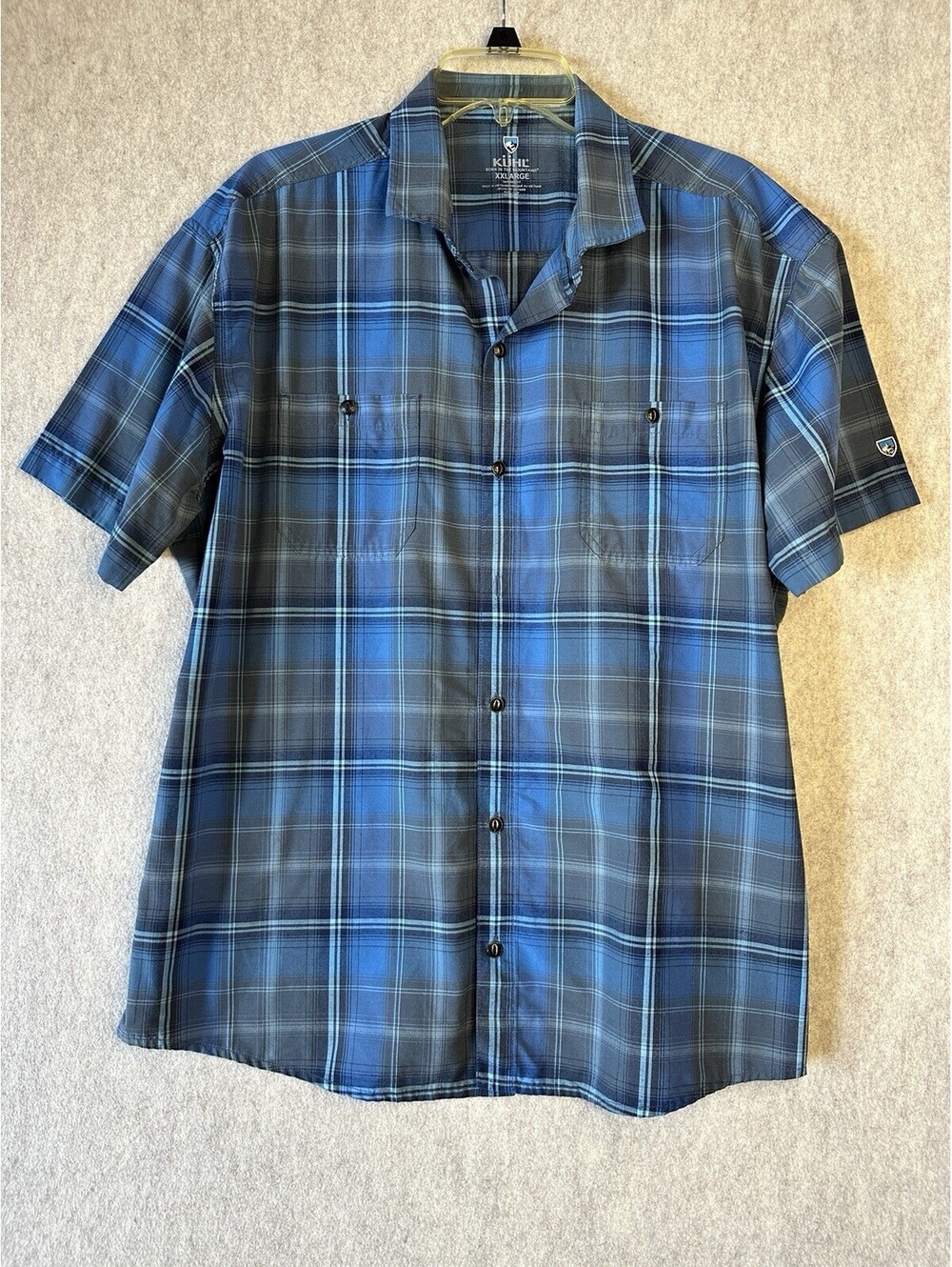 KUHL Styk Shirt Men’s XXL Blue Plaid Short Sleeve Tapered Hiking Outdoors #7383